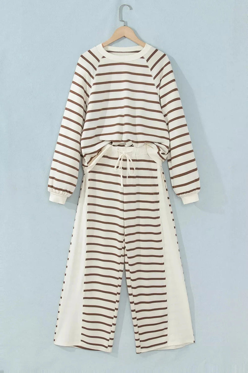 Stripe Relaxed Long Sleeve Top Color Block Detail Drawstring Pant Set